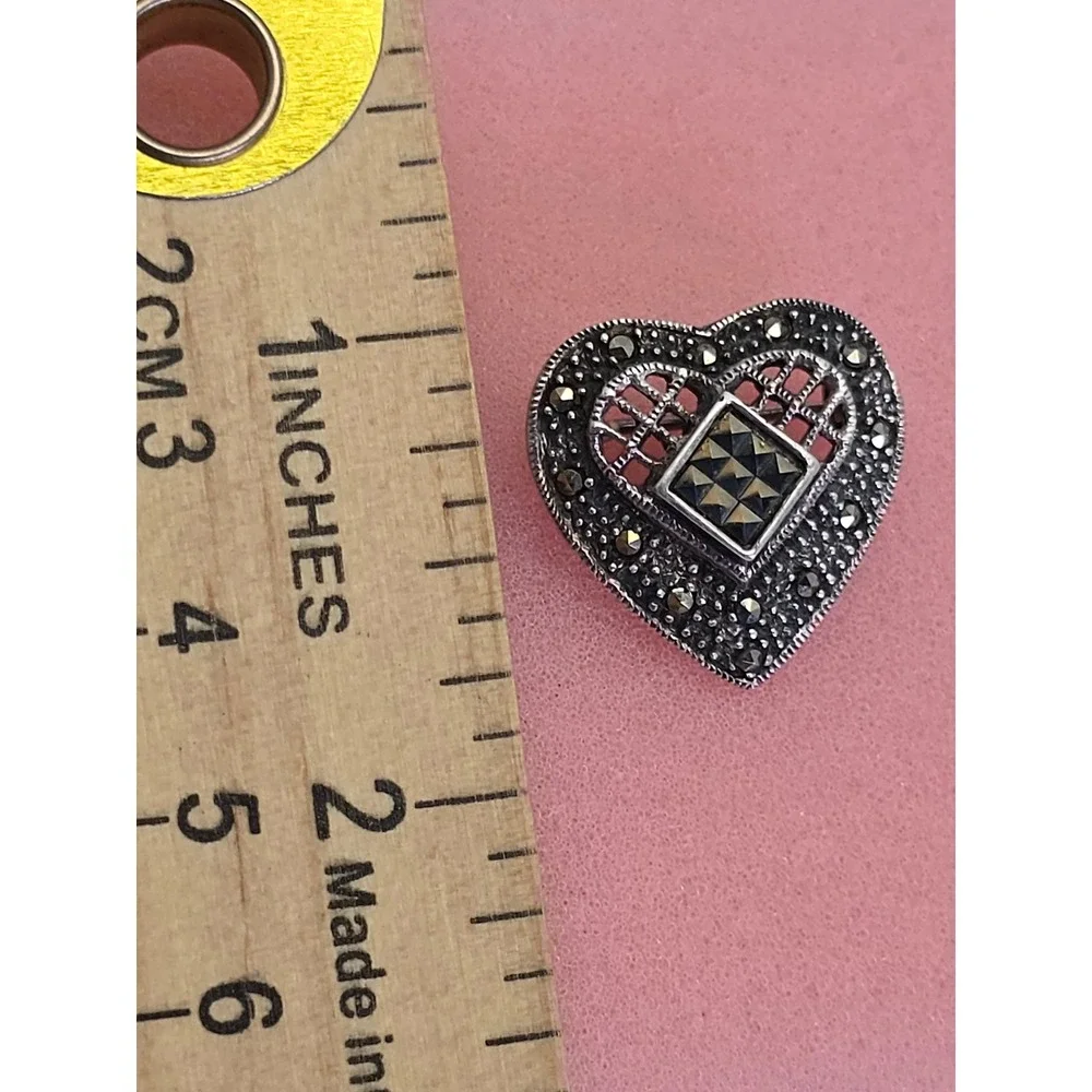 Vintage‎ 925 Sterling Silver Marcasite Heart Brooch Pin Art Deco Style Open Work